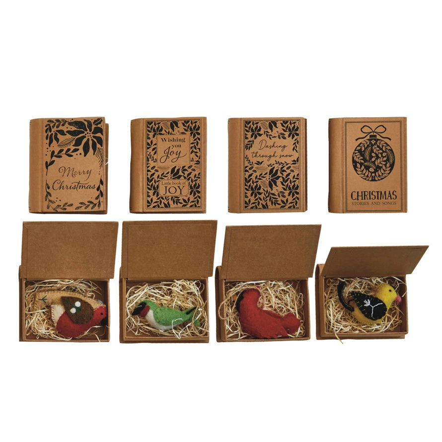 Seasonal Handmade Wool Felt Bird Ornament in Kraft Book Shaped Box, 4 Styles