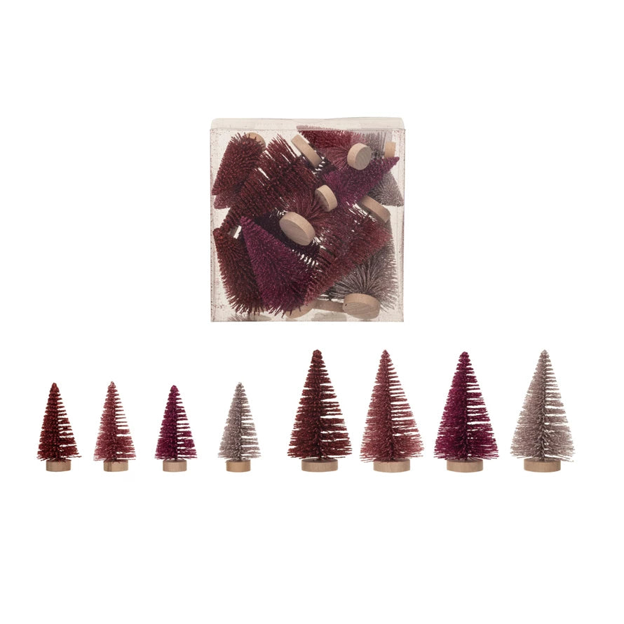 Sisal Bottle Brush Trees w/ Wood Bases, Burgundy & Pink, Boxed Set of 16
