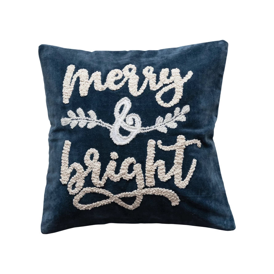 Square Cotton Velvet Pillow w/ Embroidered "Merry & Bright", Navy Color & White