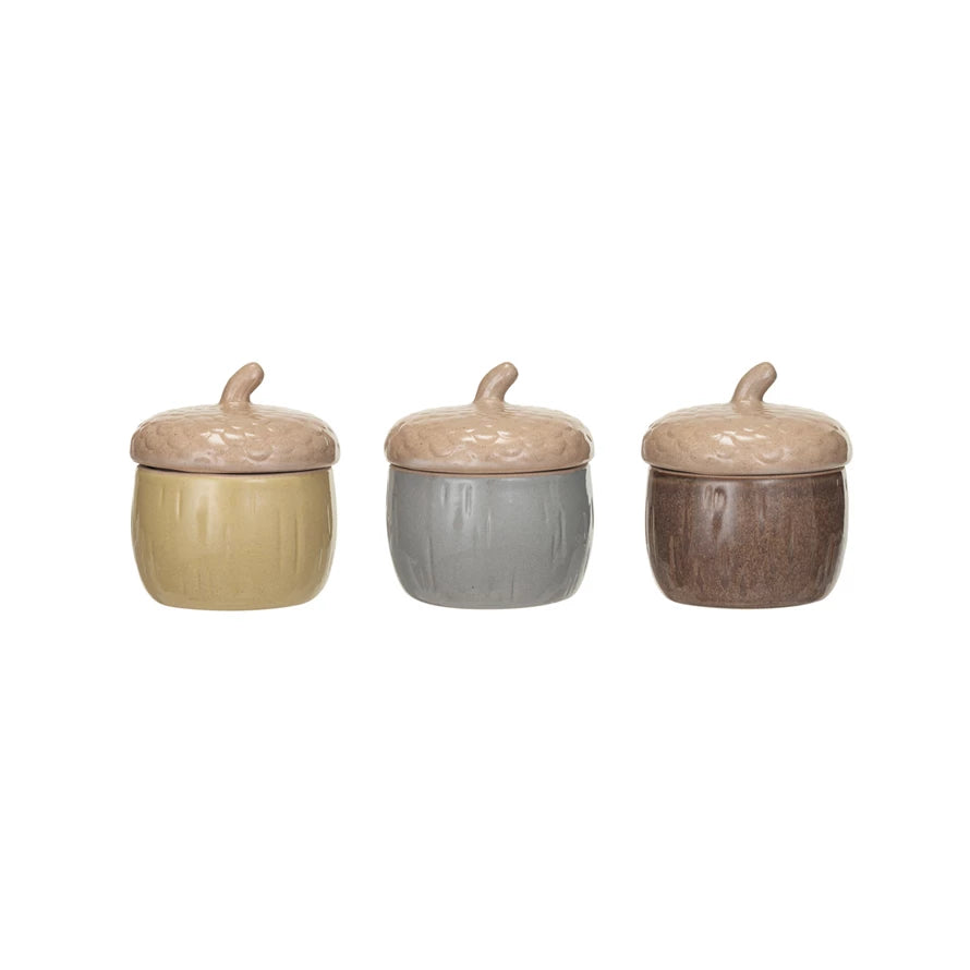 Stoneware Acorn Shaped Jar w/ Lid, 3 Colors (Each One Will Vary)