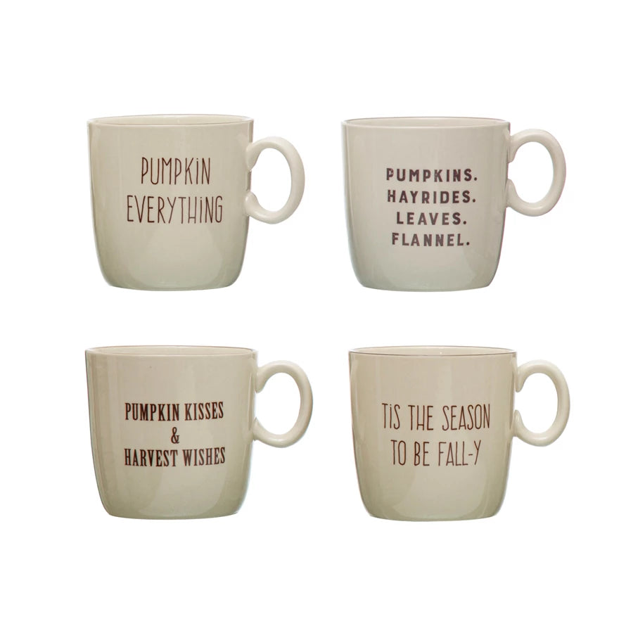 Stoneware Mug w/ Fall Saying, Cream Color & Brown, 4 Styles