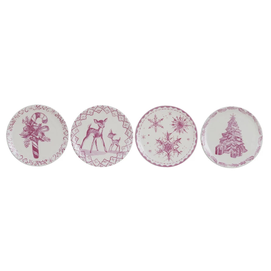 Stoneware Plate w/ Holiday Image, Pink & Cream Color, 4 Styles