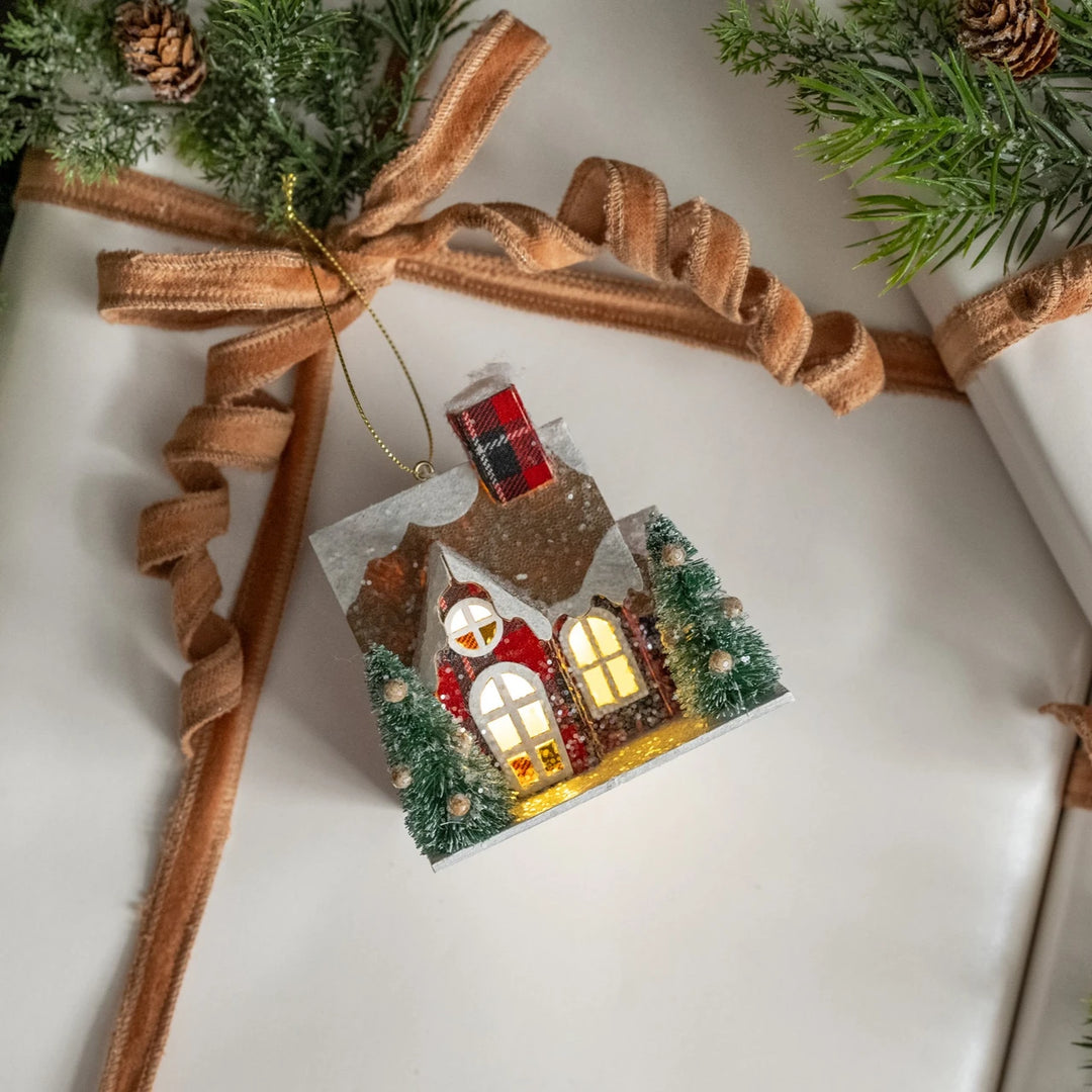 PLAID LIGHTED HOUSE ORNAMENT