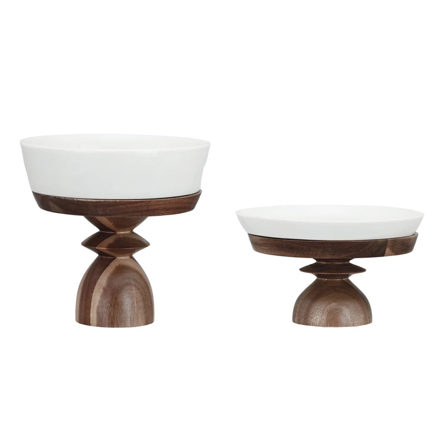 Stoneware Serving Dishes with Acacia Wood Pedestals, Set of 2