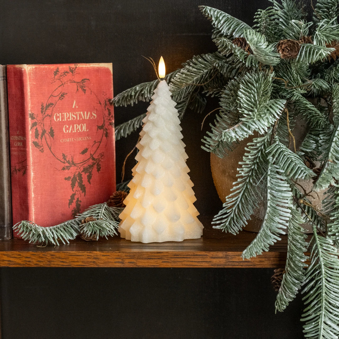 9" CREAM SHIMMER 3D FLAME FIR TREE CANDLE