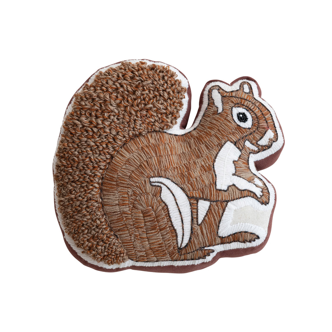 Cotton & Linen Embroidered Squirrel Shaped Pillow with Tufted Tail