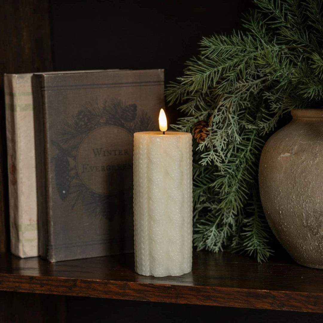 Cream Sweater Timer Candle - 6" Pillar 3D Flame
