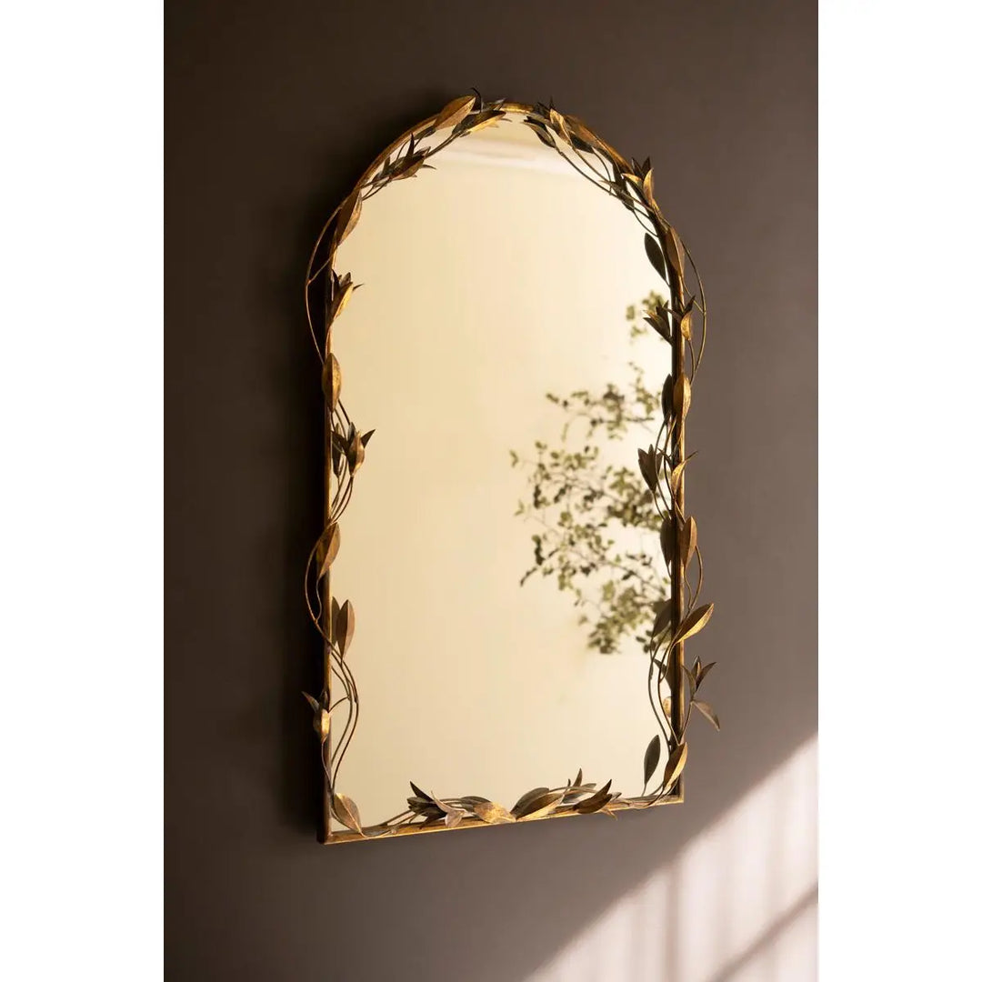 Tall Arched Antique Brass Framed Mirror with Leaves