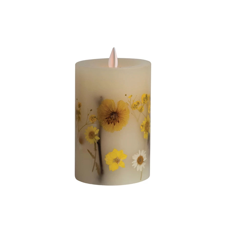Flameless LED Pillar Candle w/ Botanicals, Daisies & 6 Hour Timer, Multi Color