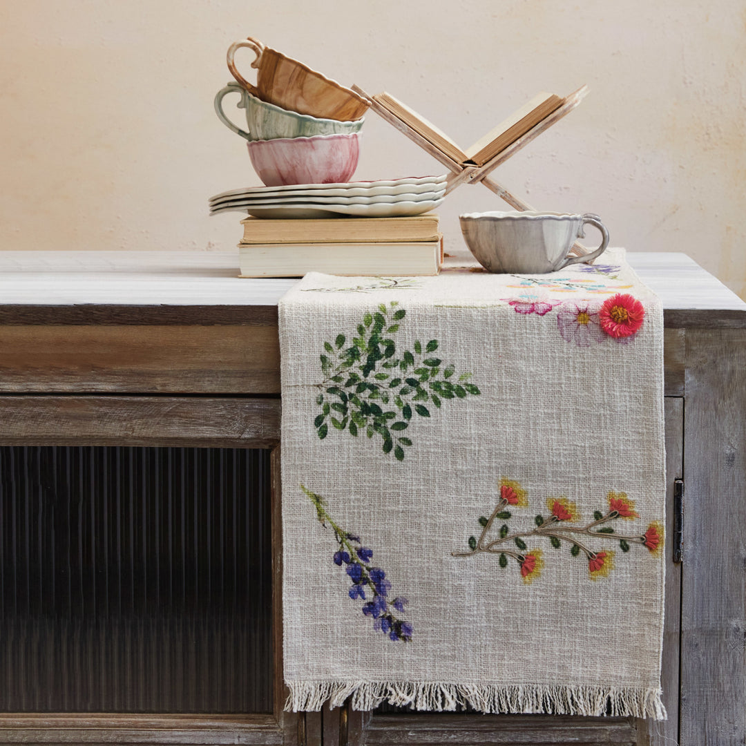 Cotton Slub Printed Table Runner w/ Flowers, Embroidery & Fringe