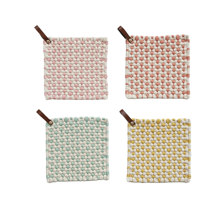 Home Decor Cotton Crocheted Pot Holder w/ Leather Loop