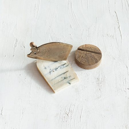 Hand-Forged Metal Mouse Shaped Cheese Knife w/ Mango Wood Stand, Set of 2