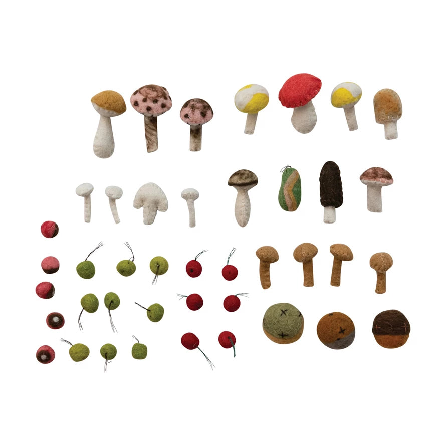Hand Made : Wool Felt Mushrooms & Berries Scatter, Boxed Set of 40