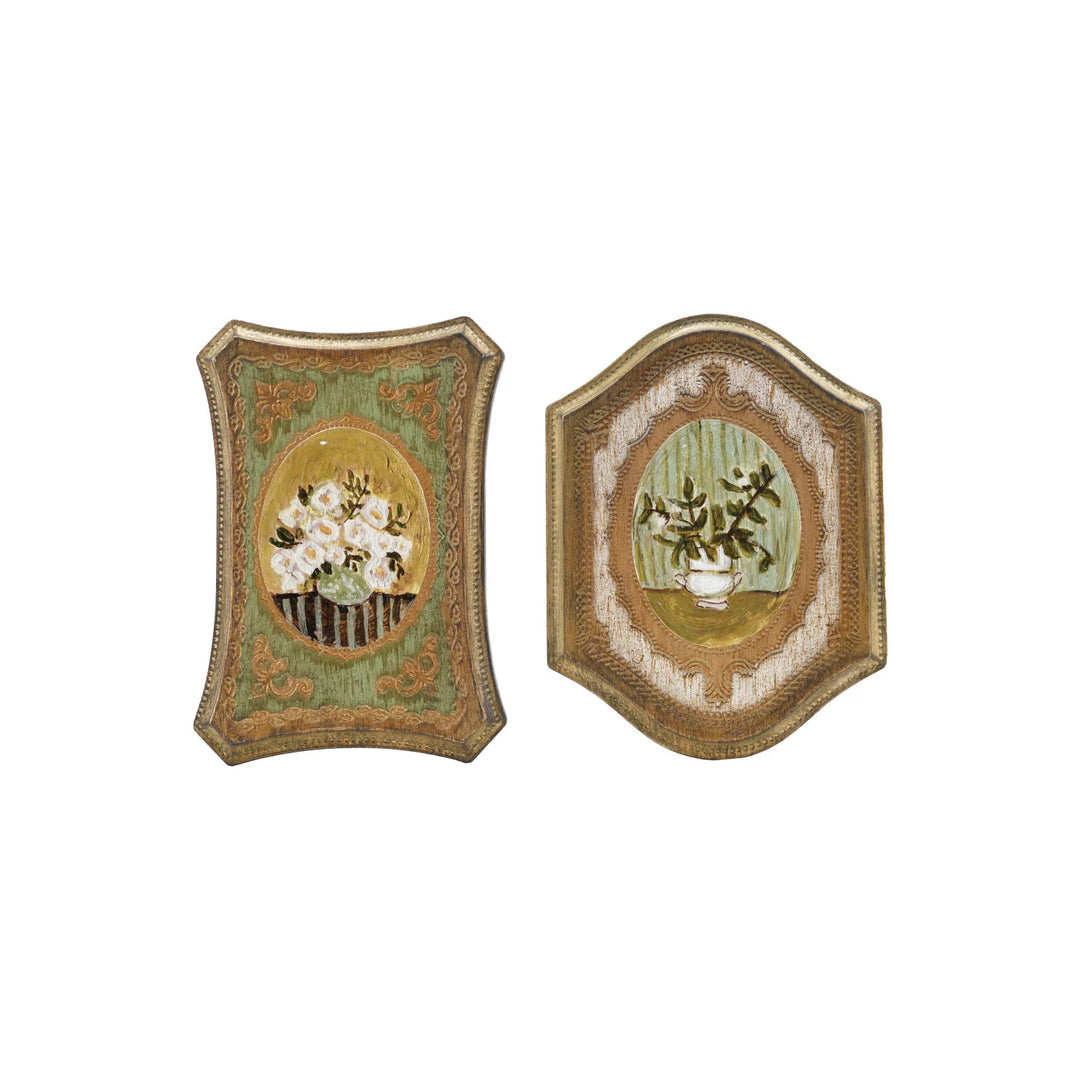 MDF Wall Décor w/ Flowers in Vase, Antique Gold Finish & Multi Color, 2 Styles