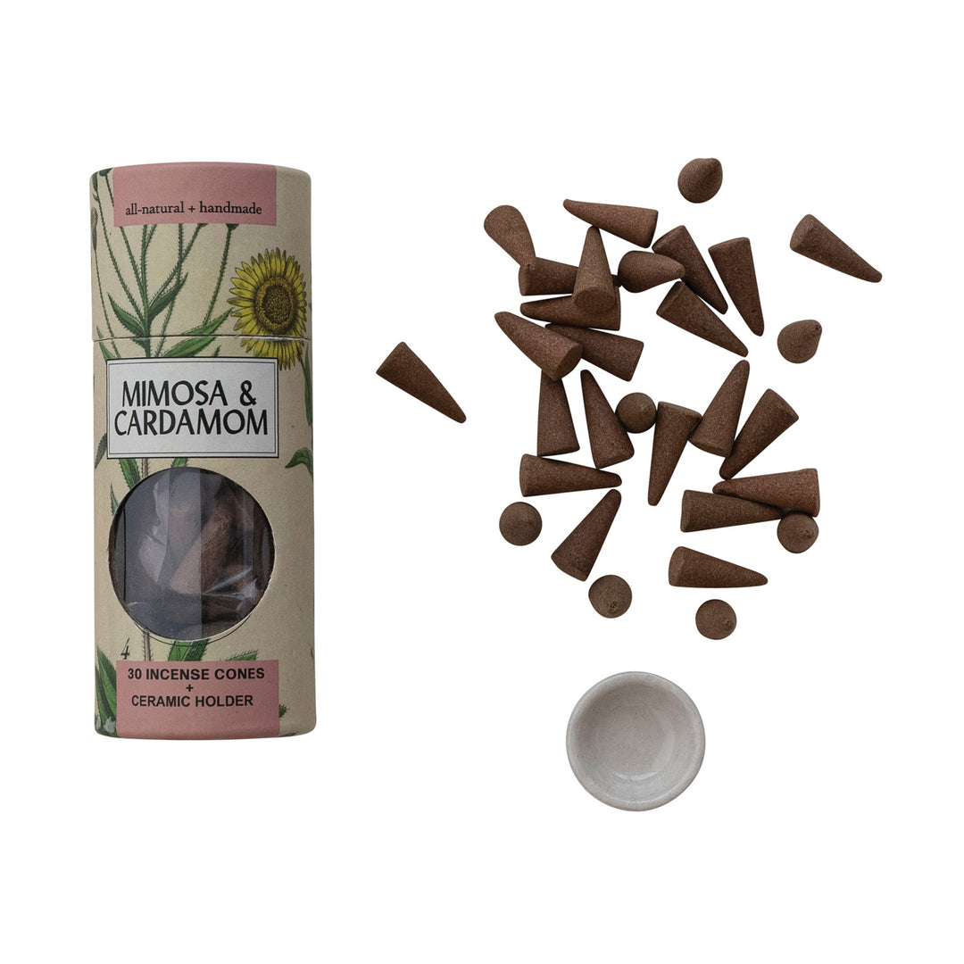 30 Piece Mimosa & Cardamom Scented Incense Cones with Ceramic Incense Holder, Set of 31