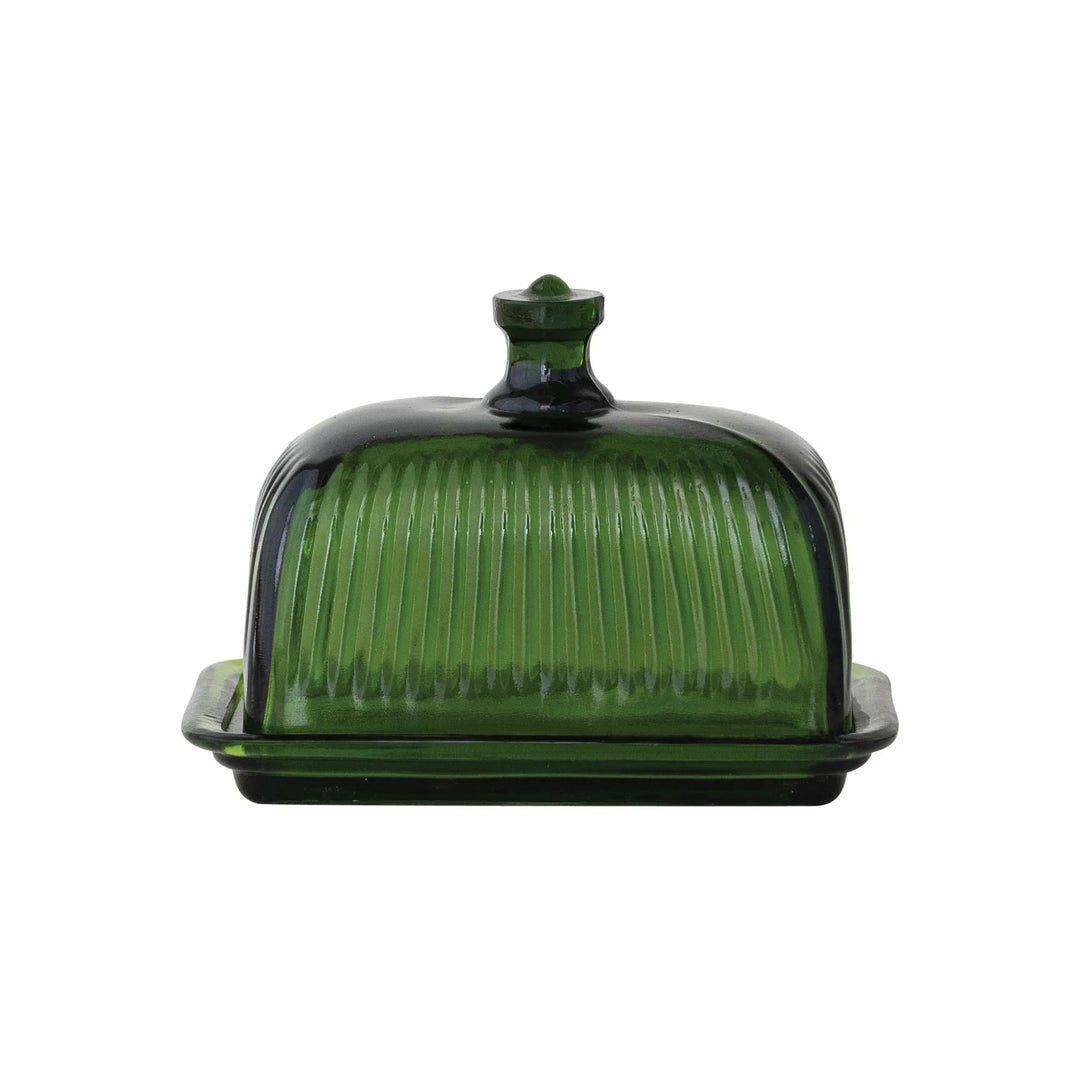 Pressed Ribbed Glass Butter Dish, Green