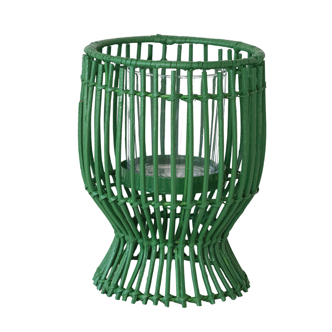 6-1/2" Round x 8"H Hand-Woven Rattan Lantern with Glass Insert, Green