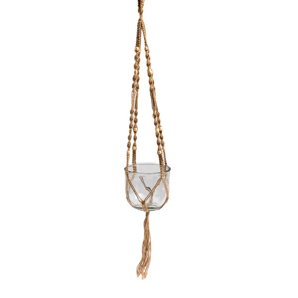 Mini Dark Macrame Hanging Planter with Glass Flower Pot 6"x36.6"