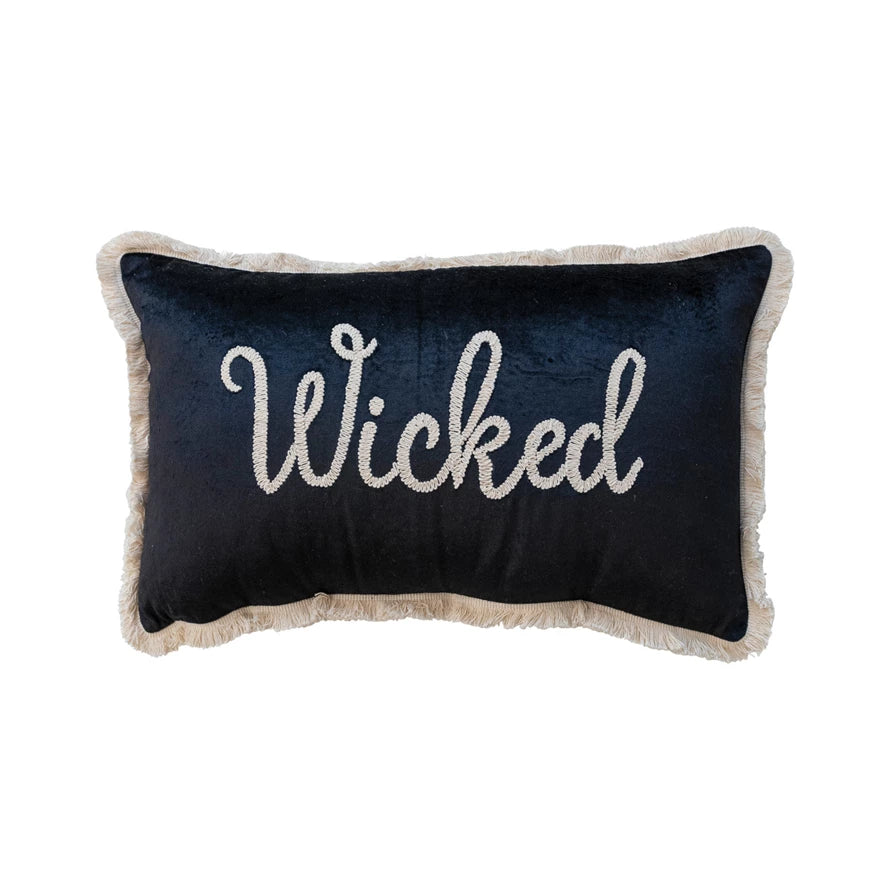 24" L x 14" H Cotton Velvet Lumbar Pillow with Embroidery and Fringe