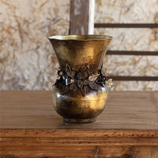 JEWELED GARLAND WRAPPED ANTIQUED GOLD VASE 10 INCH