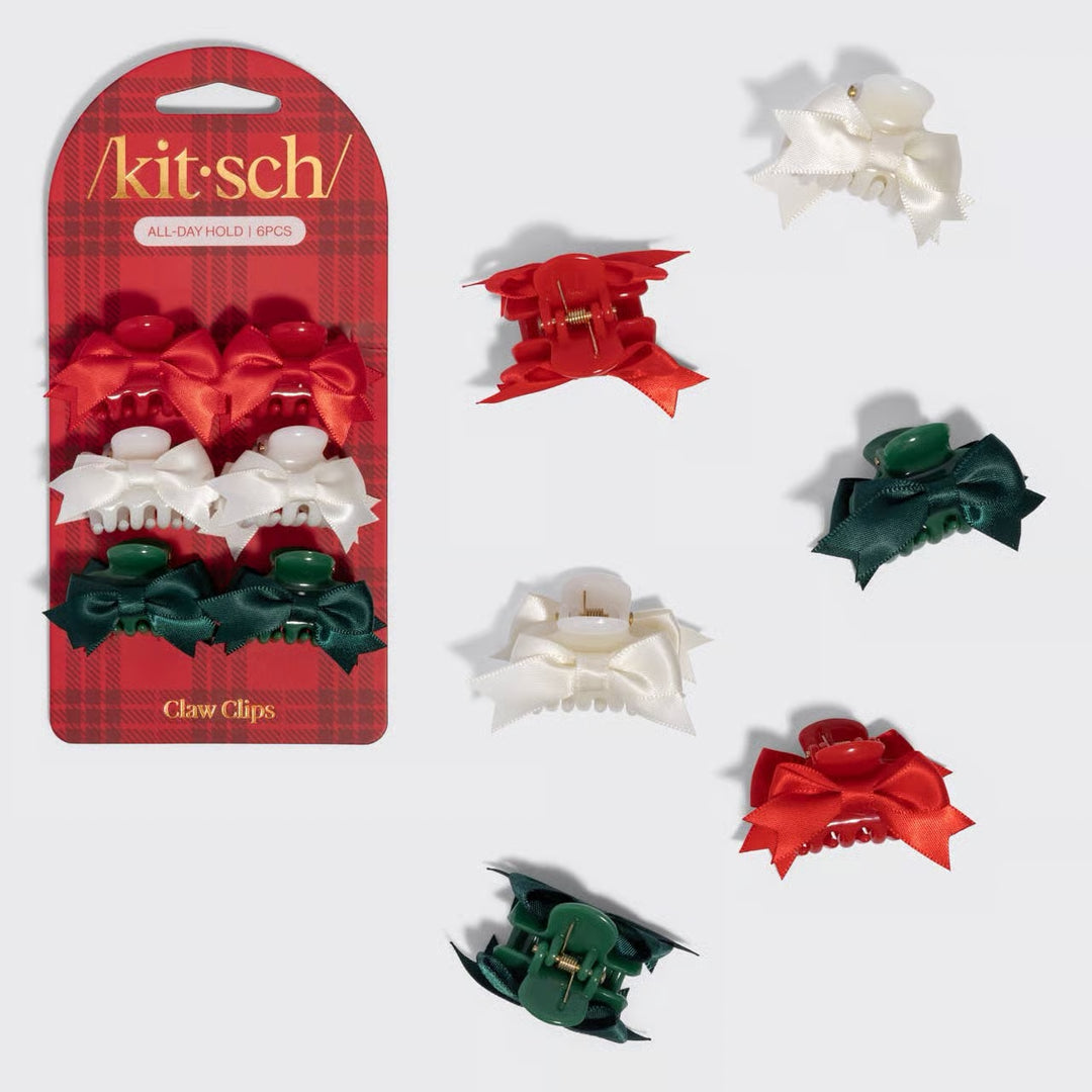 Kitsch All-Day Holiday Bow Claw Clips - Red, White, Green - 6 Pcs