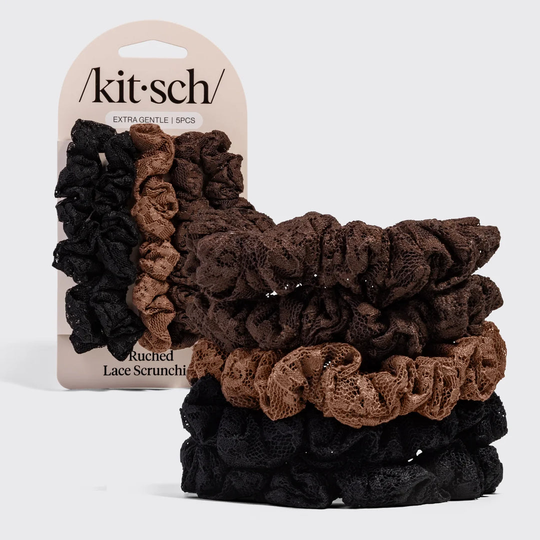 Black, Chocolate, & Mocha Ruched Lace Scrunchies 5pc Set
