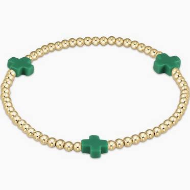 signature cross gold pattern 3mm bead bracelet - emerald