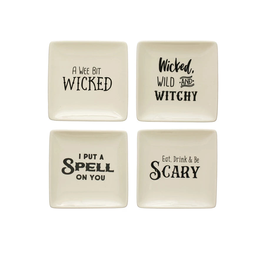 5" Square Stoneware Plate w/ Spooky Saying, Cream Color & Black, 4 Styles