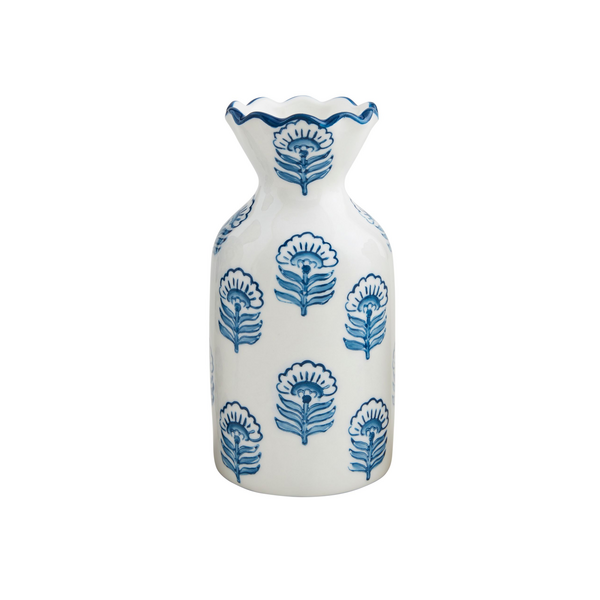Medium Blue Floral Print Bud Vase-Hand-Stamped Stoneware