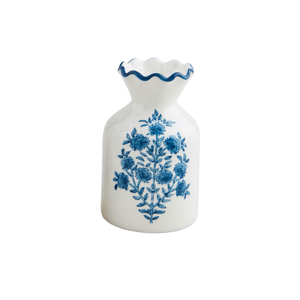 Small Blue Floral Print Bud Vase-Hand Stamped Stoneware