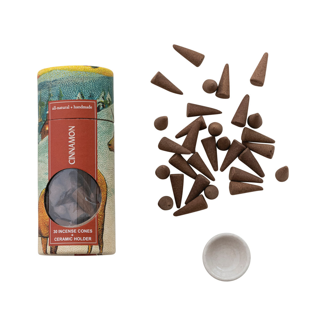 30 Piece All Natural Cinnamon Scented Incense Cones with Incense Holder, Set of 31