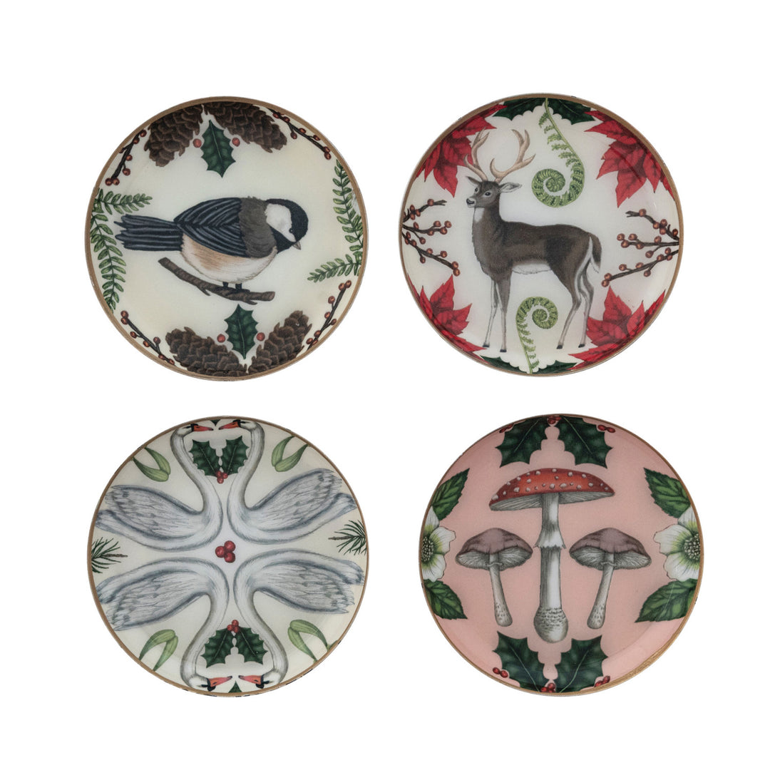 Enameled Metal Dish/Coaster with Seasonal Botanicals, Animals & Gold Edge, 4 Styles