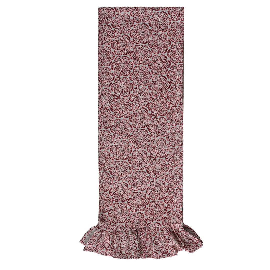 Fabric Blend Block Printed Table Runner with Pattern & Ruffle, Red & Natural