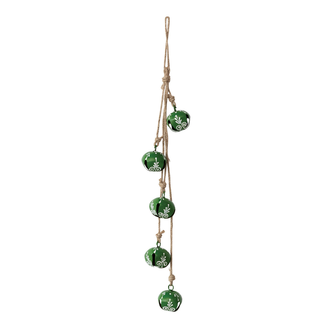 Hanging Hand-Painted Metal Jingle Bell Cluster with Design & Jute Hanger, Green & White