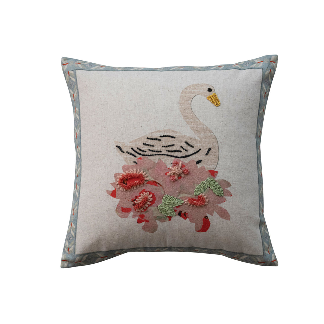 18" Square Cotton & Linen Printed Pillow with Embroidery, Beads & Striped Patterned Back