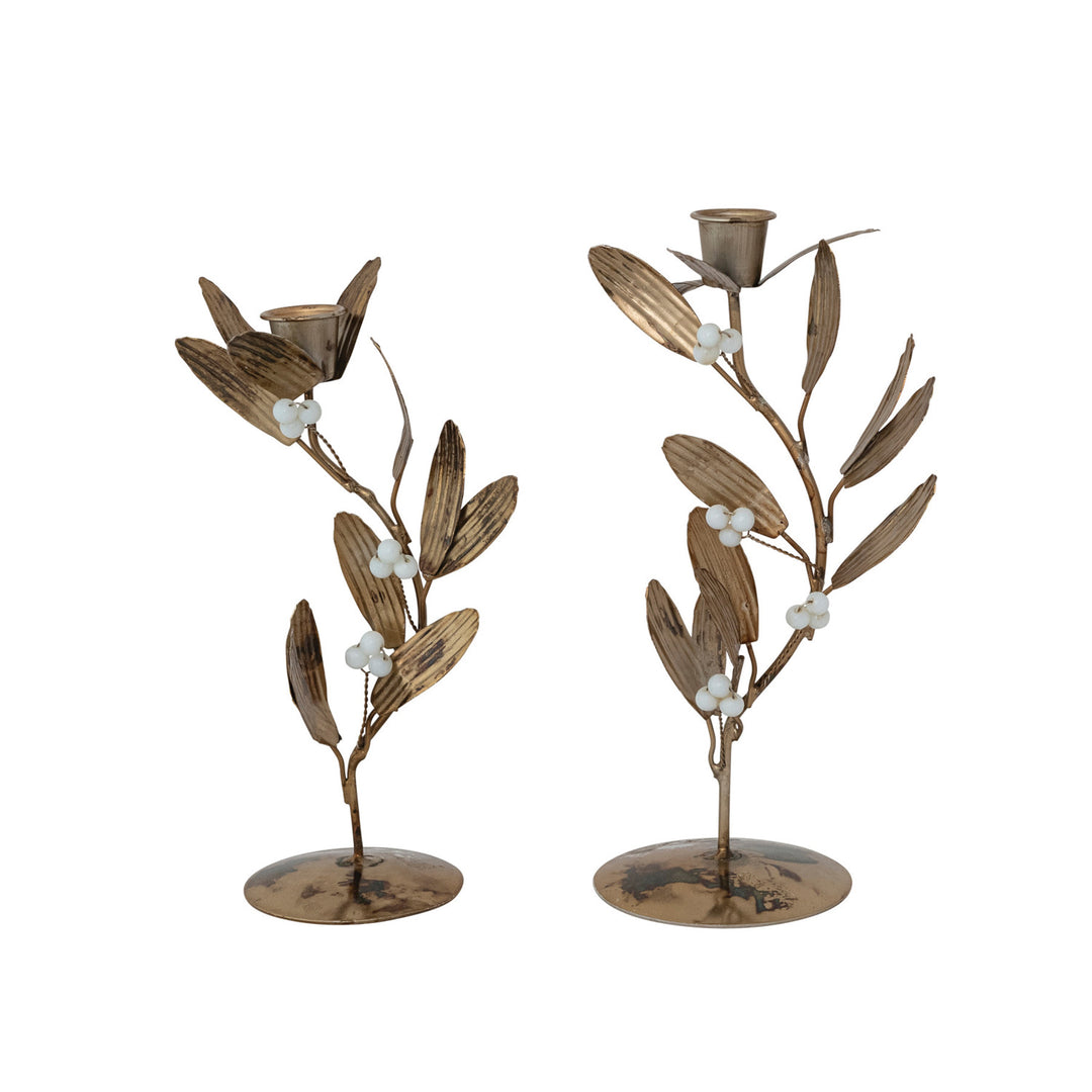 Metal & Acrylic Mistletoe Taper Holders, Antique Gold Finish & White