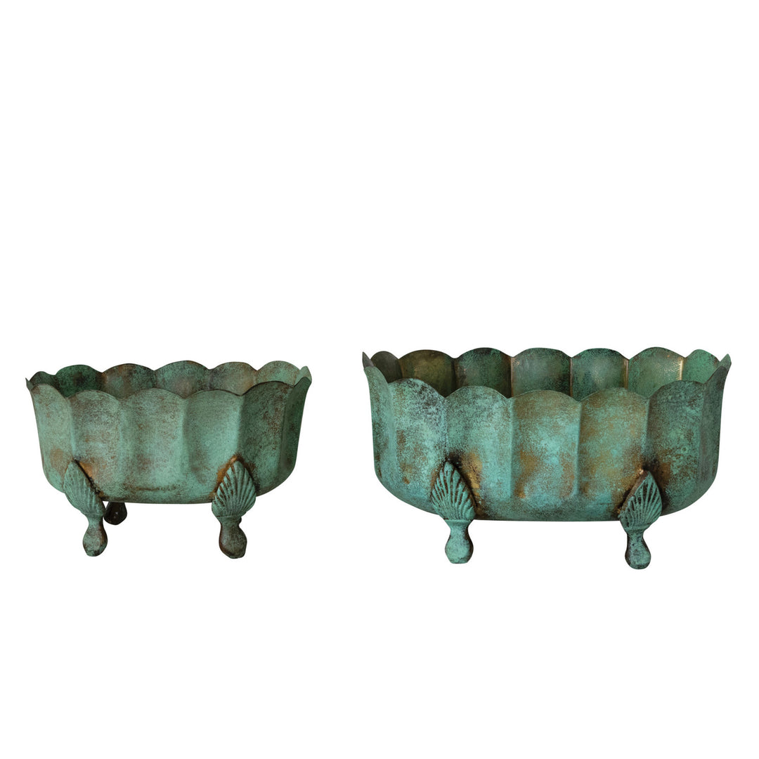 Metal Scalloped Footed Planters, Verdigris Finish