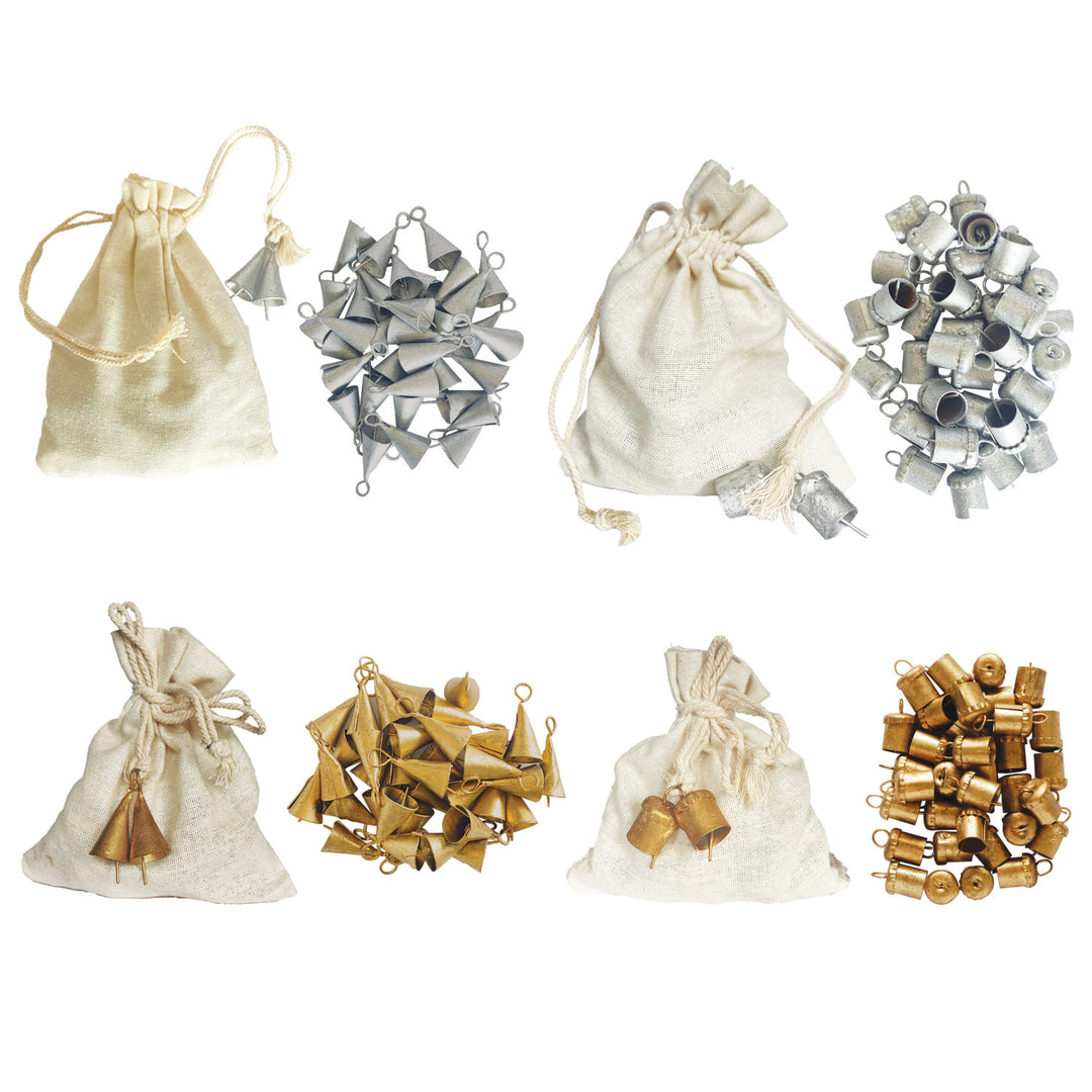Metal Bells, Set of 36 in Drawstring Bag, 2 Styles, 2 Finishes