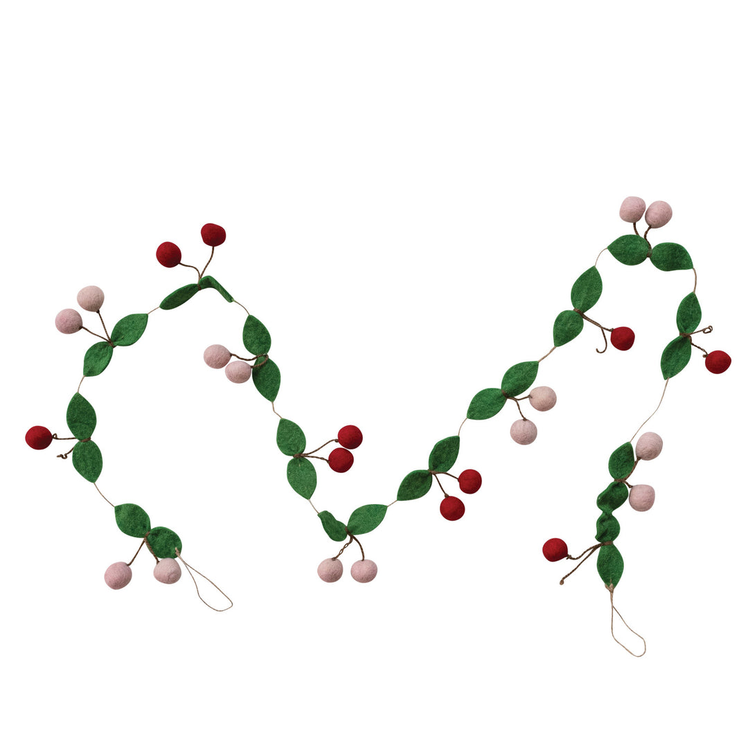 Handmade Wool Felt Cherries Garland with Jute Cord, Green