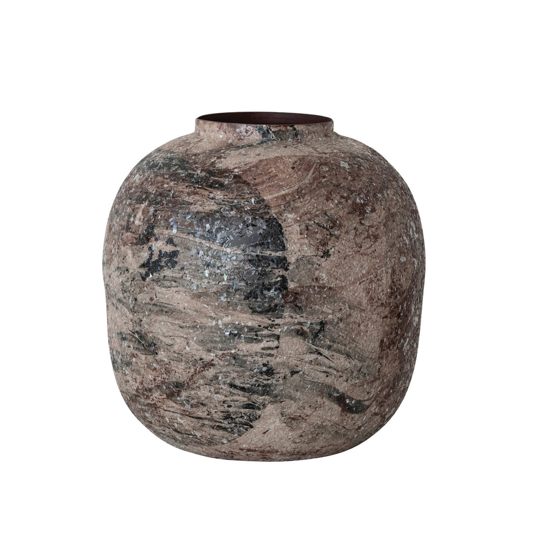 Enameled Metal Vase with Mica Flakes, Marbled Multi Color