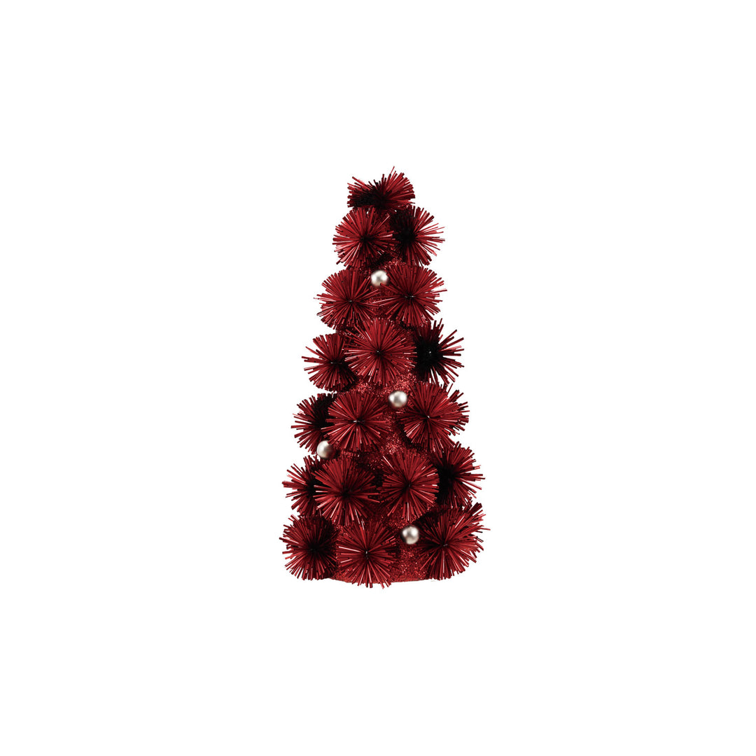 Plastic Tinsel Ball Tree with Glitter & Silver Color Beads, Red