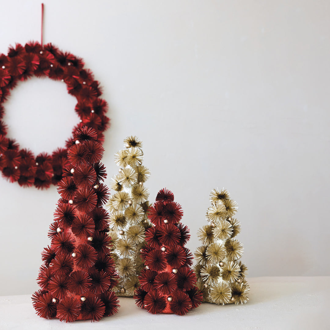 Plastic Tinsel Ball Tree with Glitter & Silver Color Beads, Red 19 Inches H