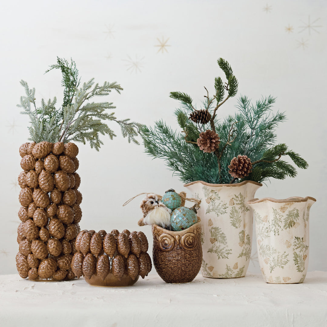 Stoneware Scalloped Planter/Vase with Transferware Pine Bough Pattern