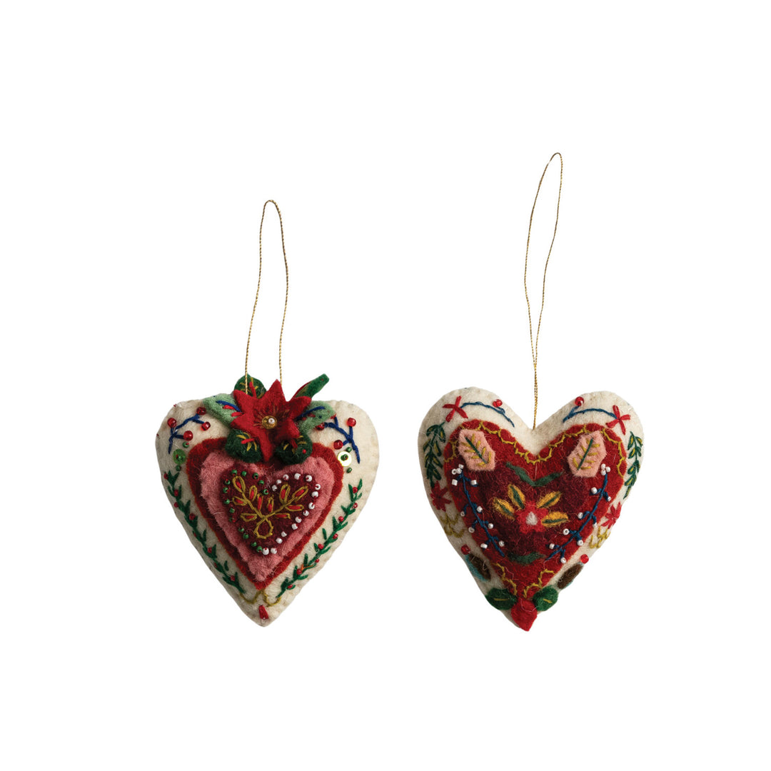 Handmade Wool Felt Heart Ornament with Embroidery & Beads, 2 Styles