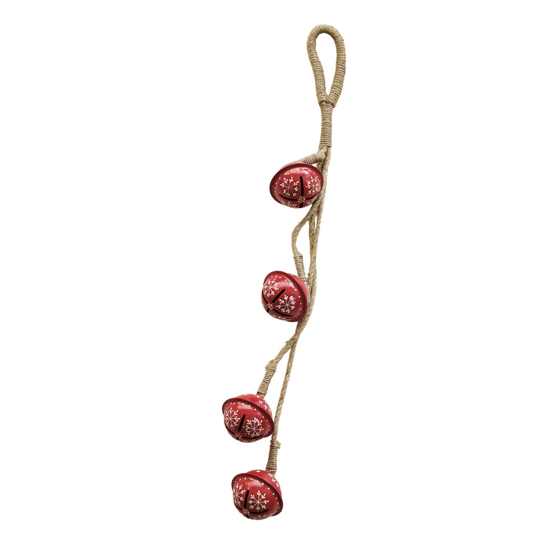 Hanging Hand-Painted Metal Jingle Bell Cluster with Snowflakes & Jute Hanger, Red