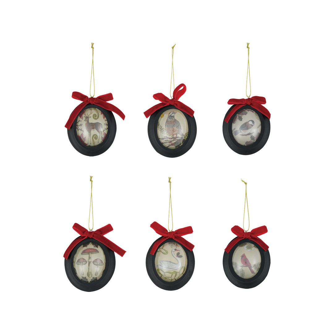 Convex Resin Framed Ornament with Seasonal Botanicals, Animal & Velvet Bow, 6 Styles