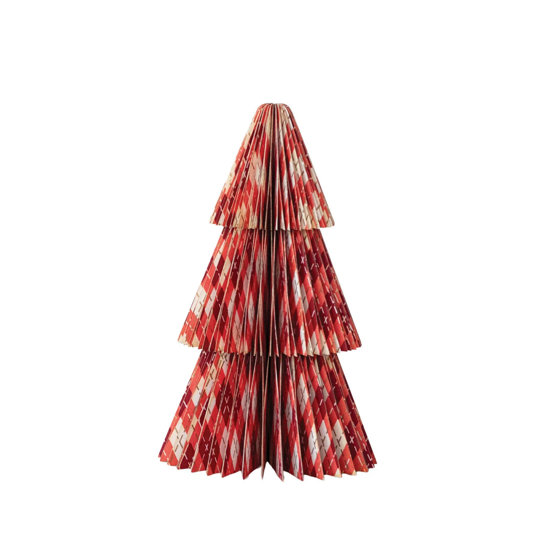 Handmade Printed Recycled Paper Folding Honeycomb Tree with Plaid Pattern, Red
